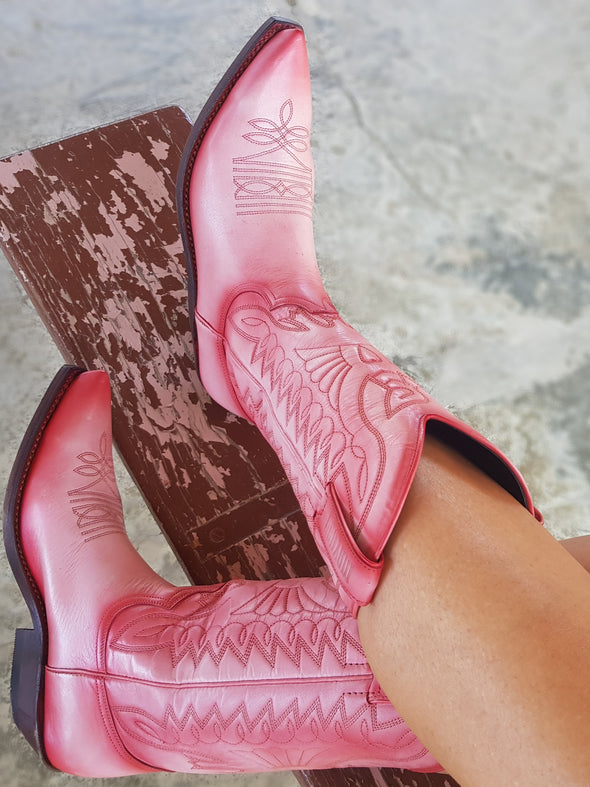 Muy femenino barbie rosa botas de mujer Cowboy en cuero hecho a mano